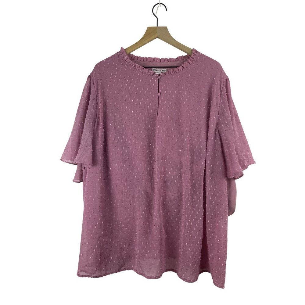 Ava & Viv Women's 4X Swiss Dot Flutter Sleeve Button Back Pink Blouse Valentines